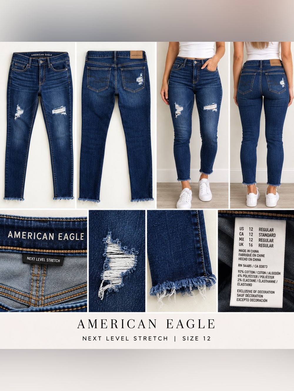 American Eagle Outfitters Dark Blue High-Rise Distressed Ankle Jeans Size 12